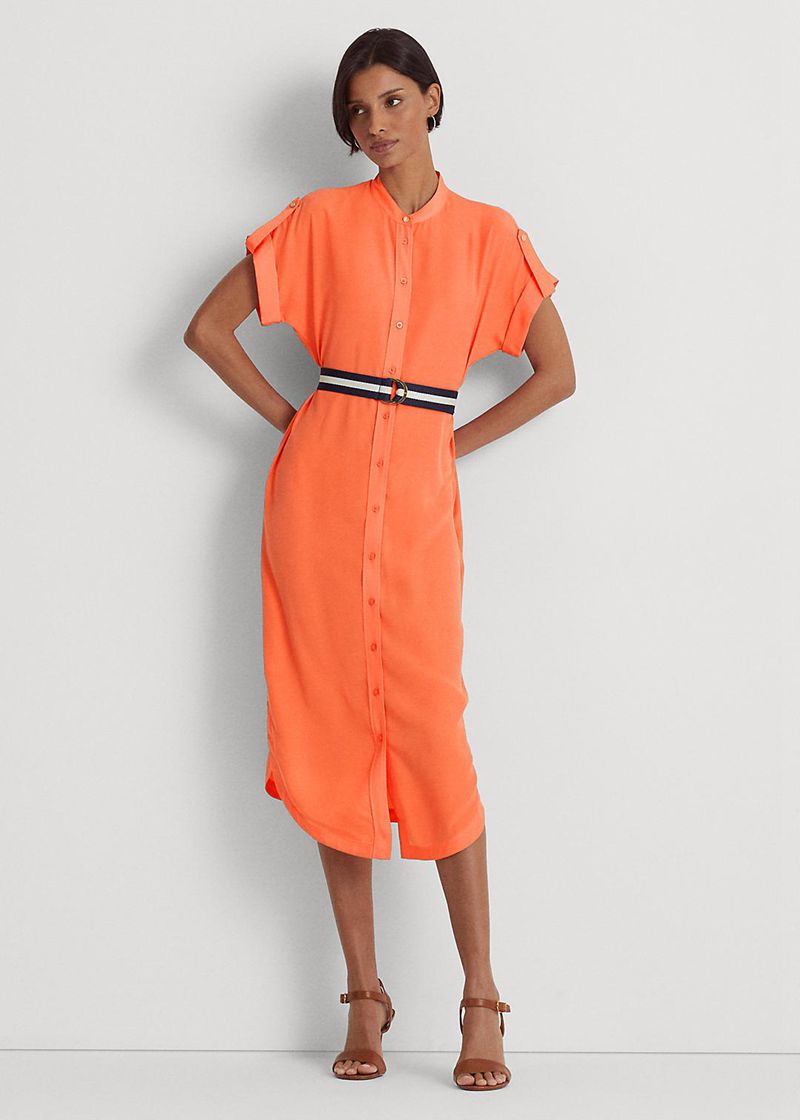 Sukienka Lauren Damska Pomarańczowe Belted Crepe Shirt 632785-CYV